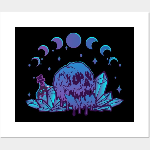 Melting Skull, Phases of Moon and Crystals Dark Art Pastel Goth Wall Art by Irene Koh Studio